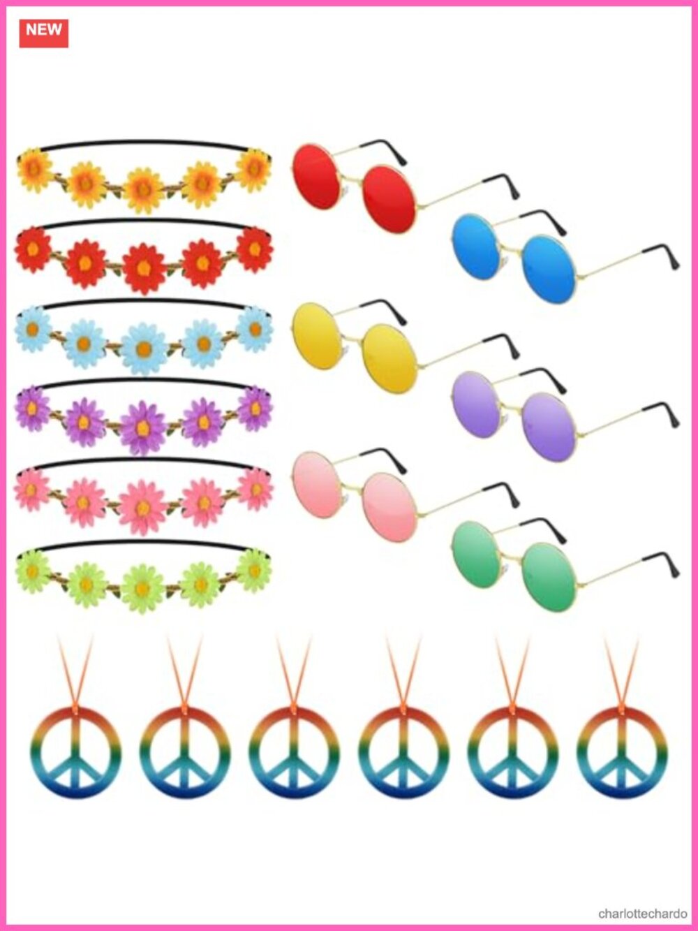 Hippie Costume Accessory Set 18 Pieces Daisy Headbands Sunglasses Necklaces